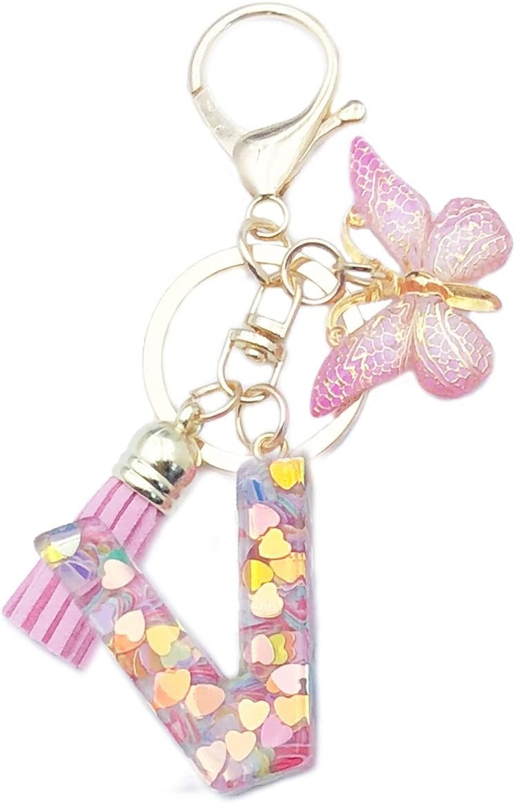 Keychain with letter 'V' and butterfly charm